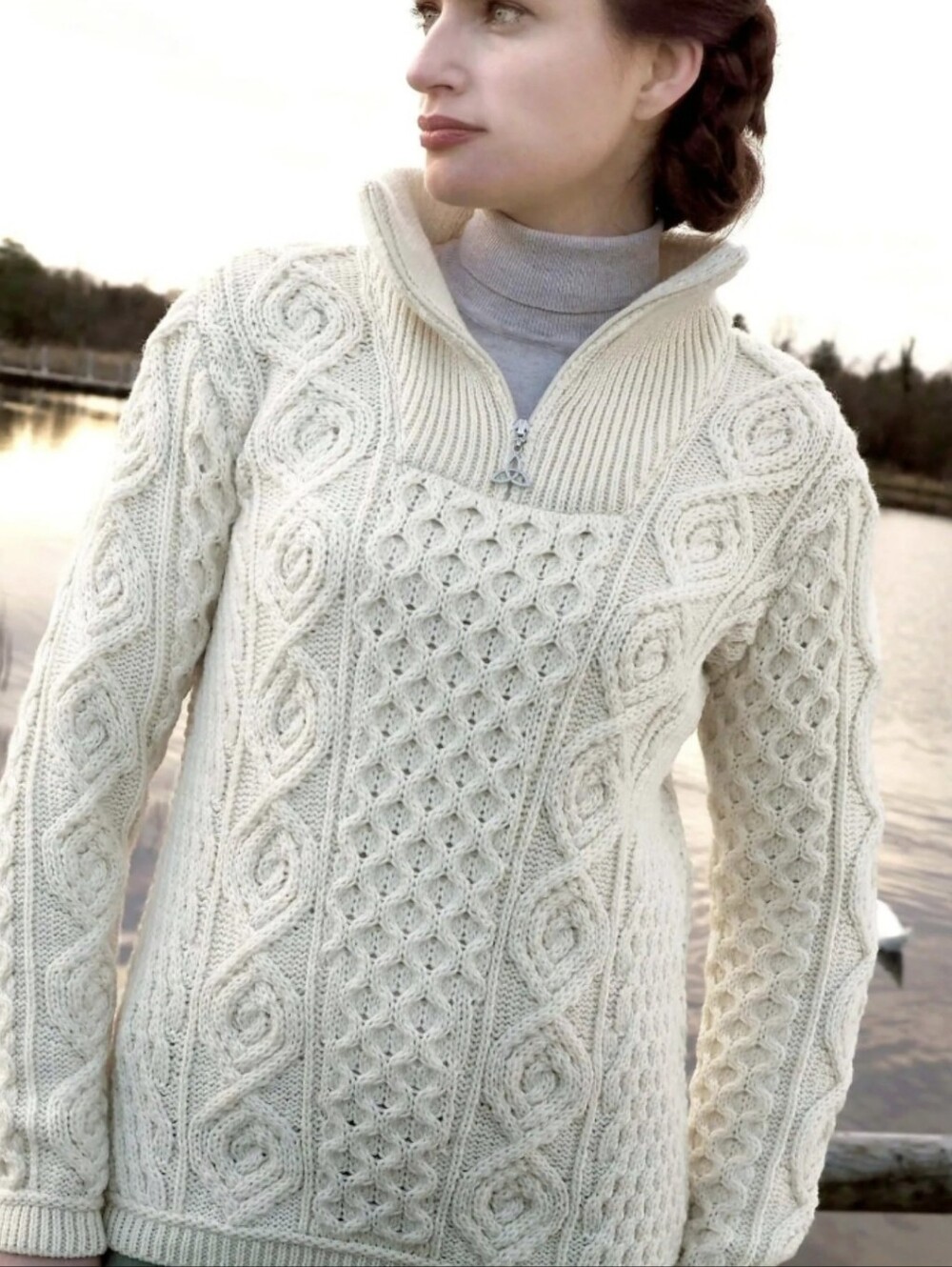 Aran Crafts Cream Cable-Knit Quarter-Zip Funnel Sweater